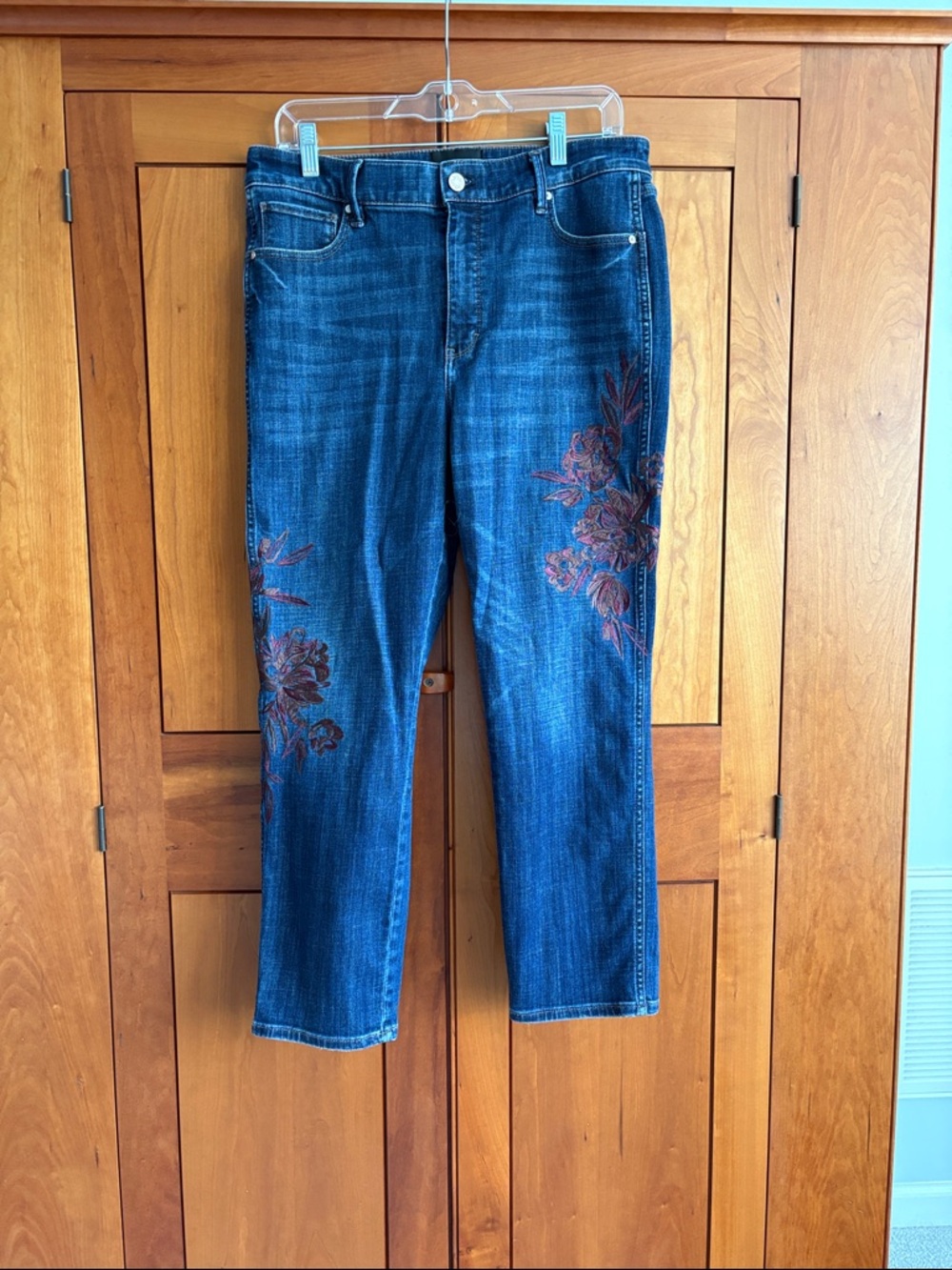 White House Black Market Dark Blue Straight-Leg Jeans with Floral Embroidery